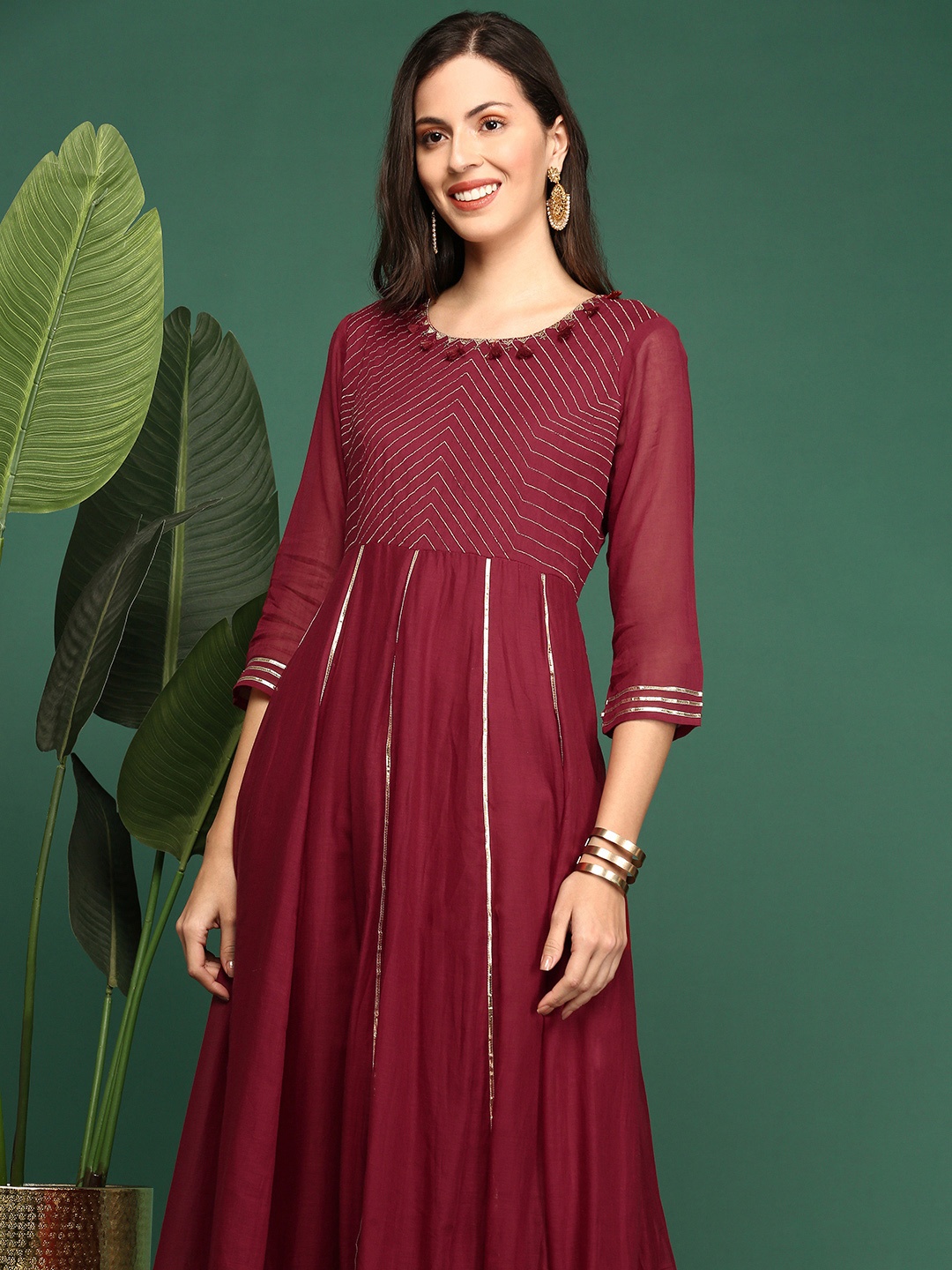 

SHOWOFF Women Maroon Embellished Flared A-Line Kurta