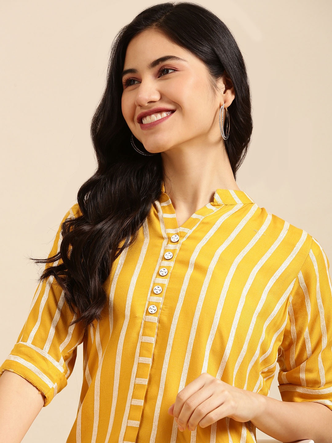 

SHOWOFF Women Mustard Yellow Striped Dobby Kurta