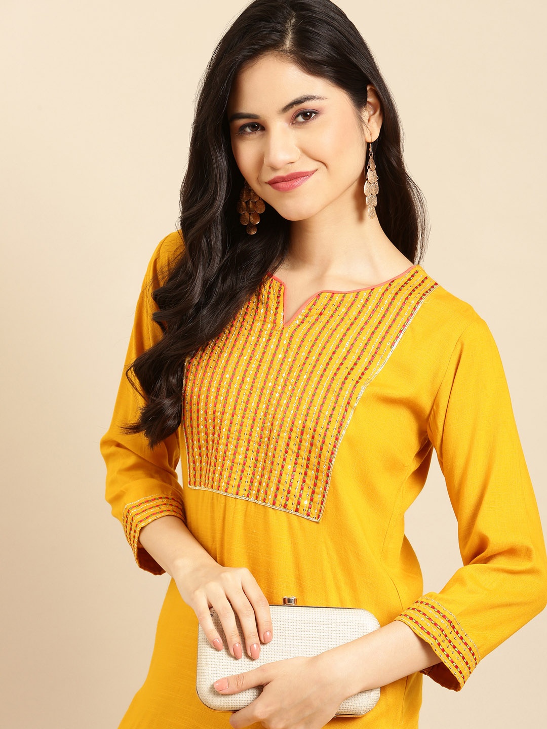 

SHOWOFF Women Mustard Yellow Embroidered Yoke Design Straight Kurta