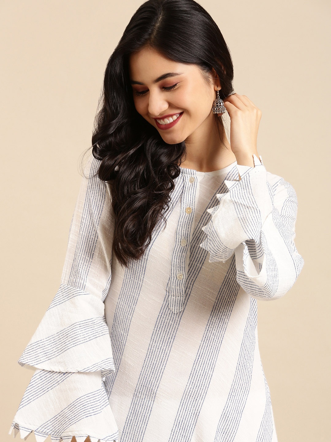 

SHOWOFF Women White Bell Sleeves Ankle Length Kurta