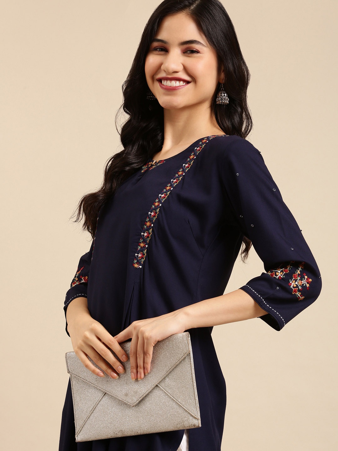 

SHOWOFF Women Navy Blue Ethnic Motifs Yoke Design Kurta