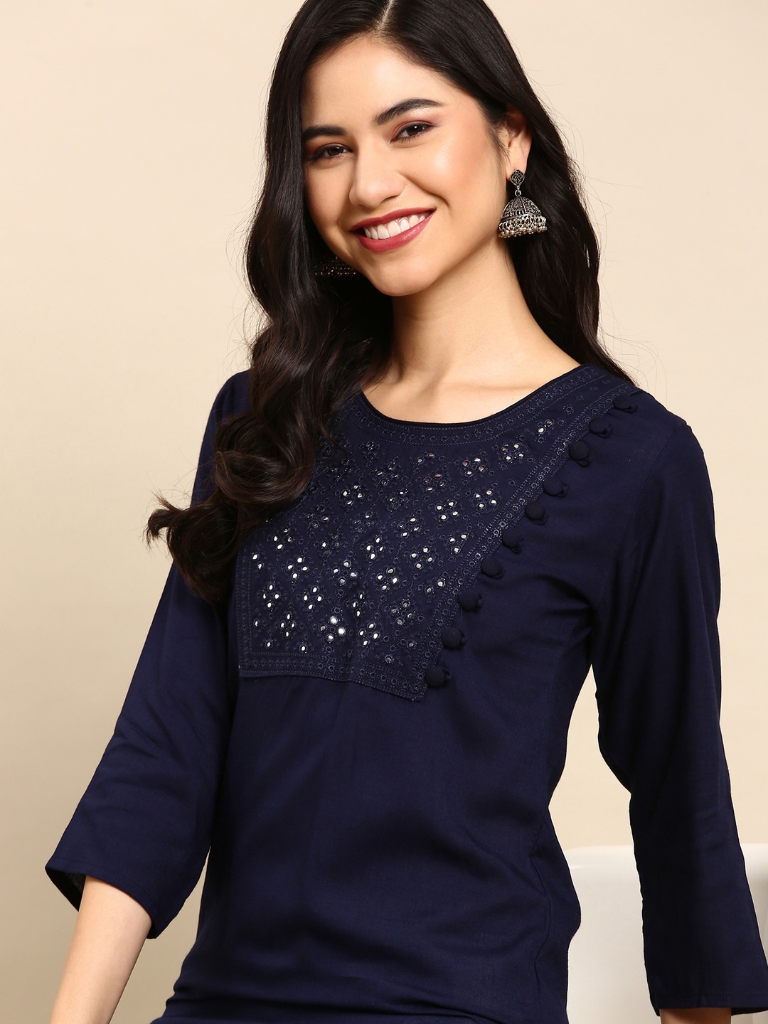 

SHOWOFF Women's Calf Length Navy Blue Yoke Design Straight Kurta
