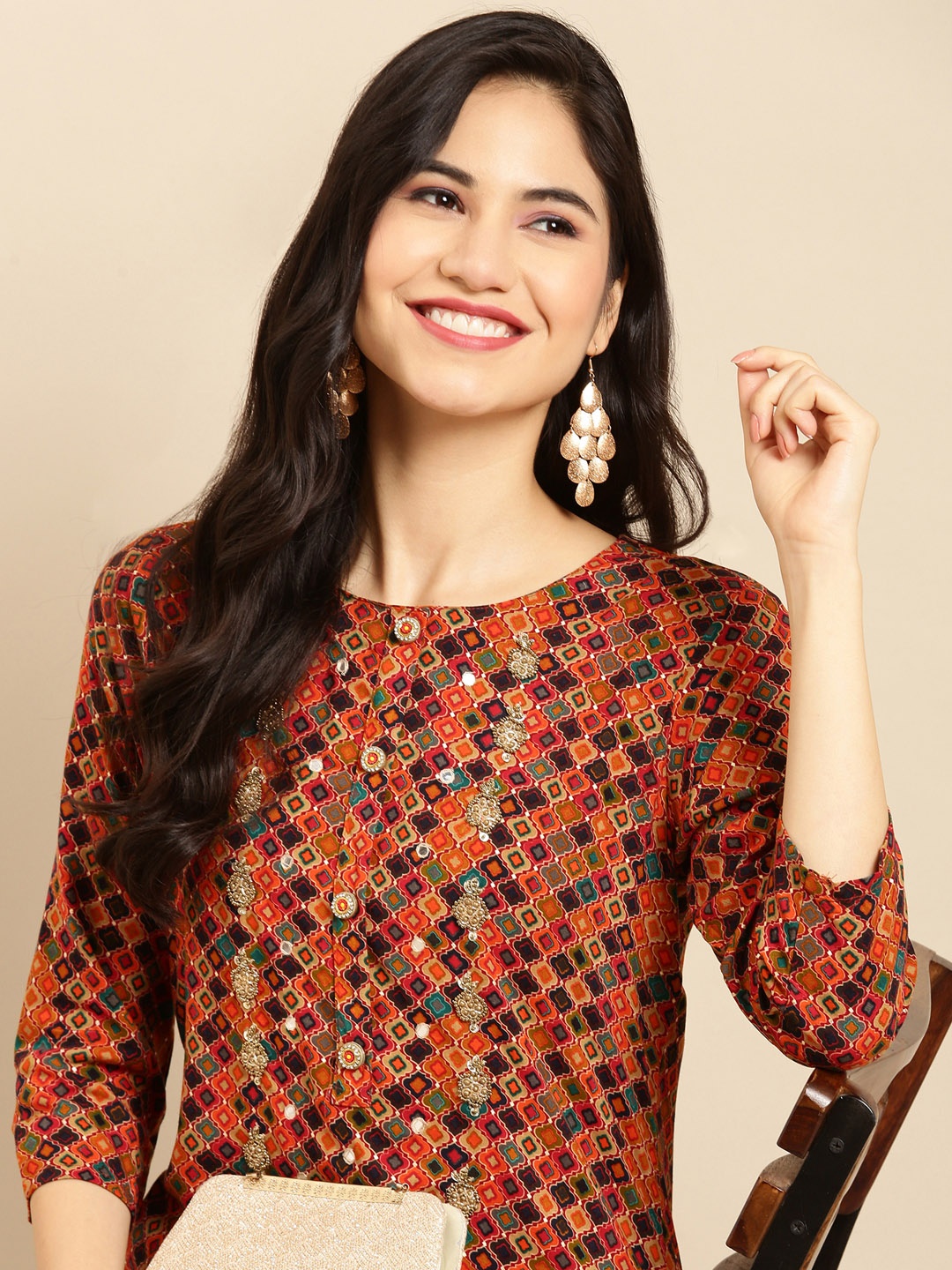 

SHOWOFF Women Orange & Blue Ethnic Motifs Printed Kurta