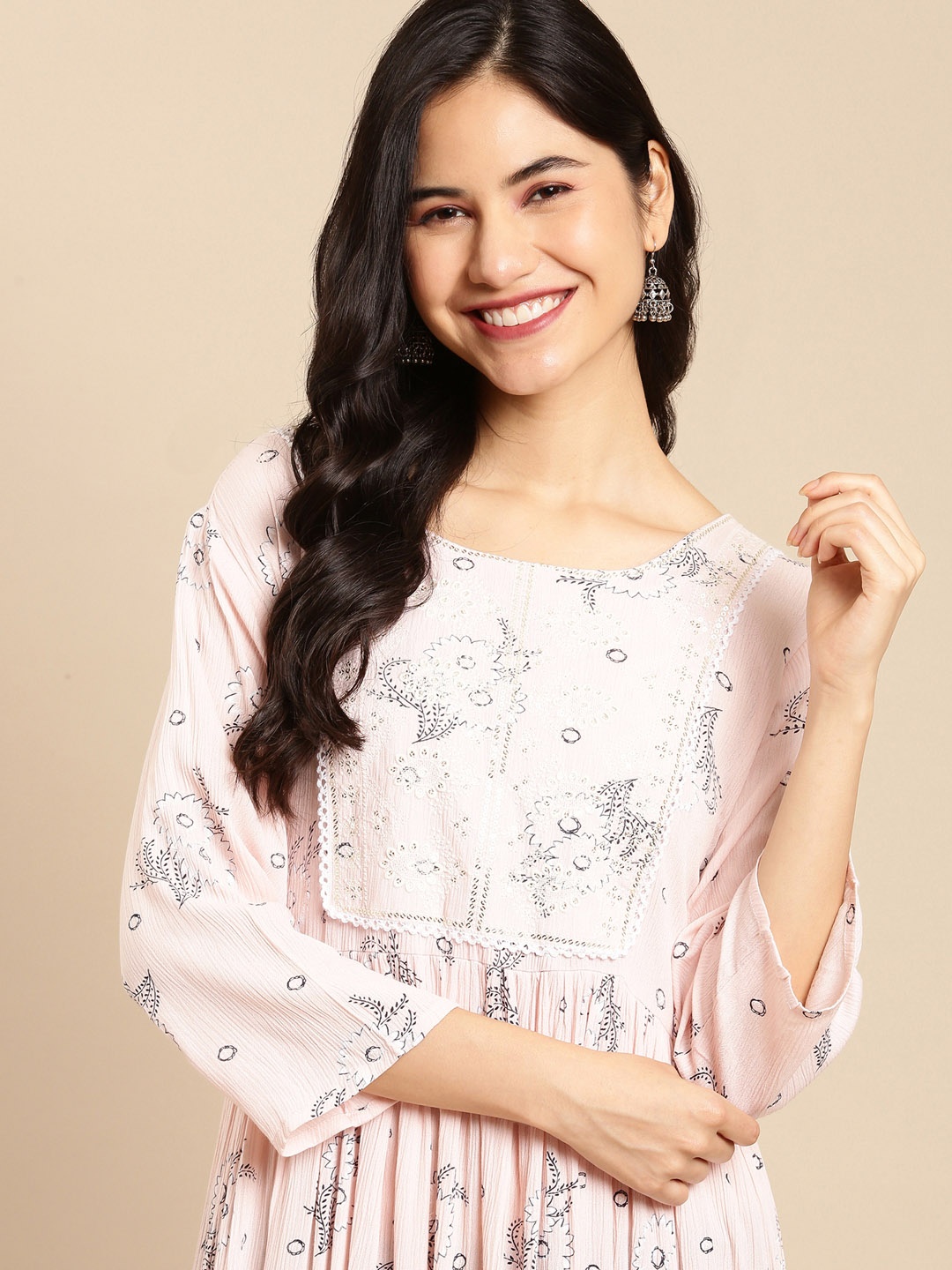 

SHOWOFF Women Peach-Coloured & Purple Floral Printed Floral Anarkali Kurta