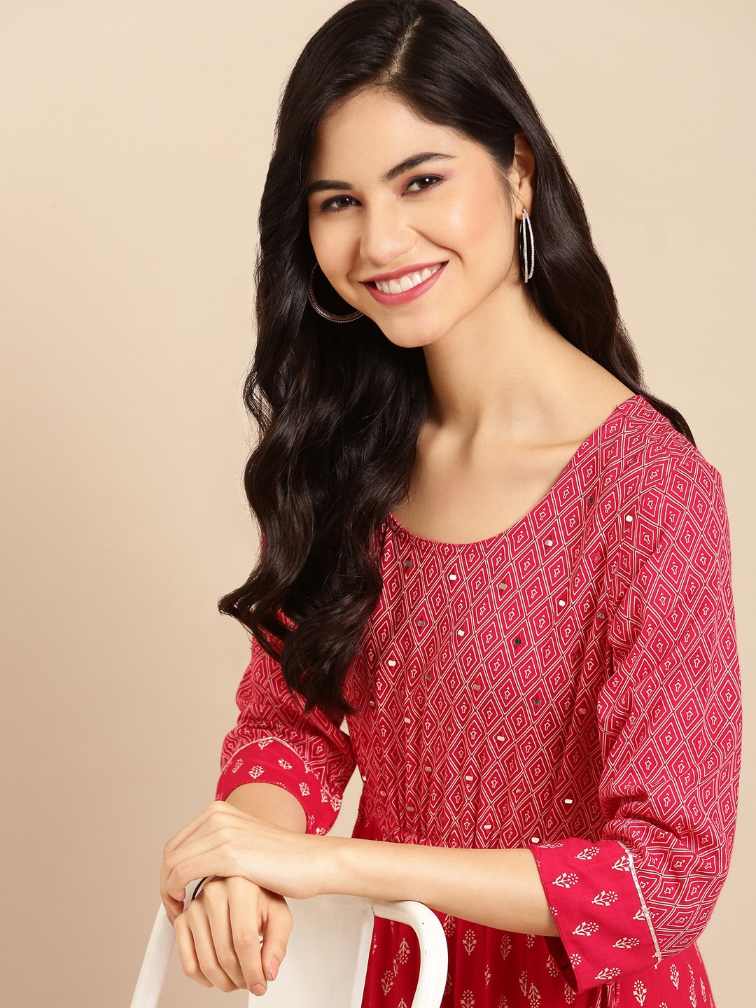 

SHOWOFF Women Red Geometric Anarkali Kurta
