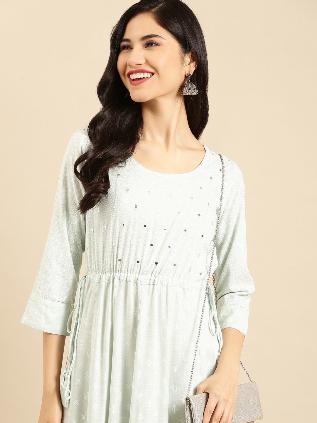 

SHOWOFF Women Sea Green Geometric Mirror Work Kurta