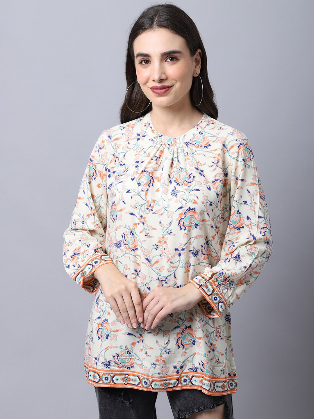 

Cantabil Women Floral Printed Round Neck Tunic, Orange