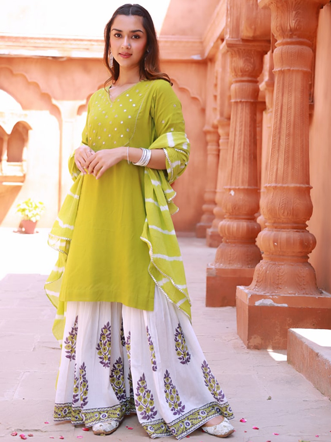 

Baisacrafts Women Lime Green Ethnic Motifs Yoke Design Gotta Patti Pure Cotton Kurta with Sharara & With