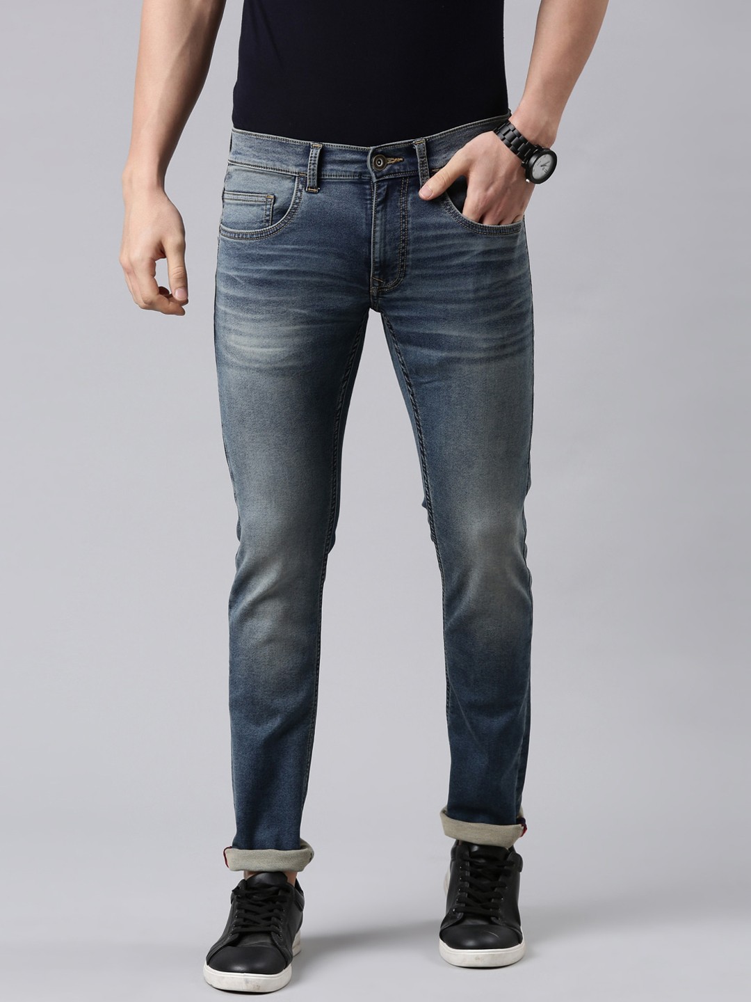 

American Bull Men Navy Blue Slim Fit Mid Rise Light Fade Jeans