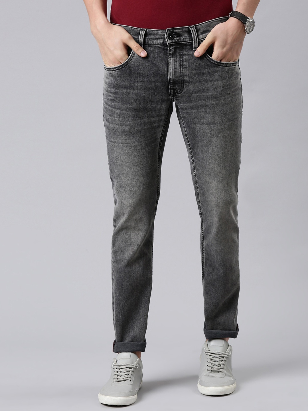 

American Bull Men Charcoal Skinny Fit Mid Rise Heavy Fade Jeans