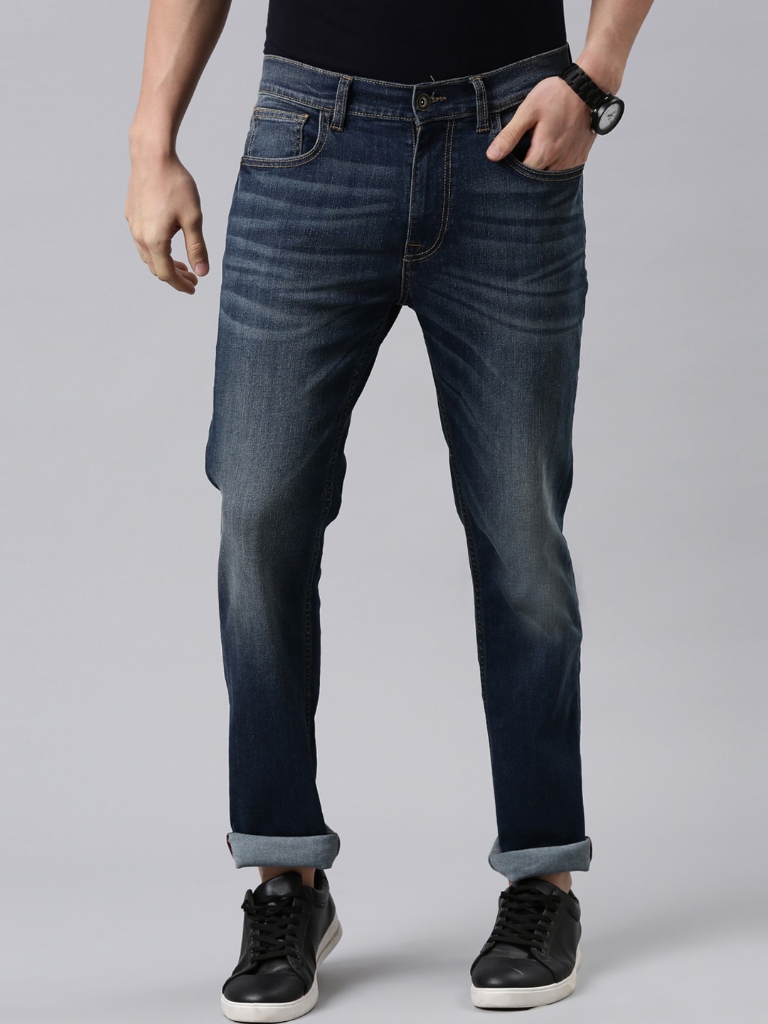 

American Bull Men Navy Blue Regular Fit Mid Rise Light Fade Jeans