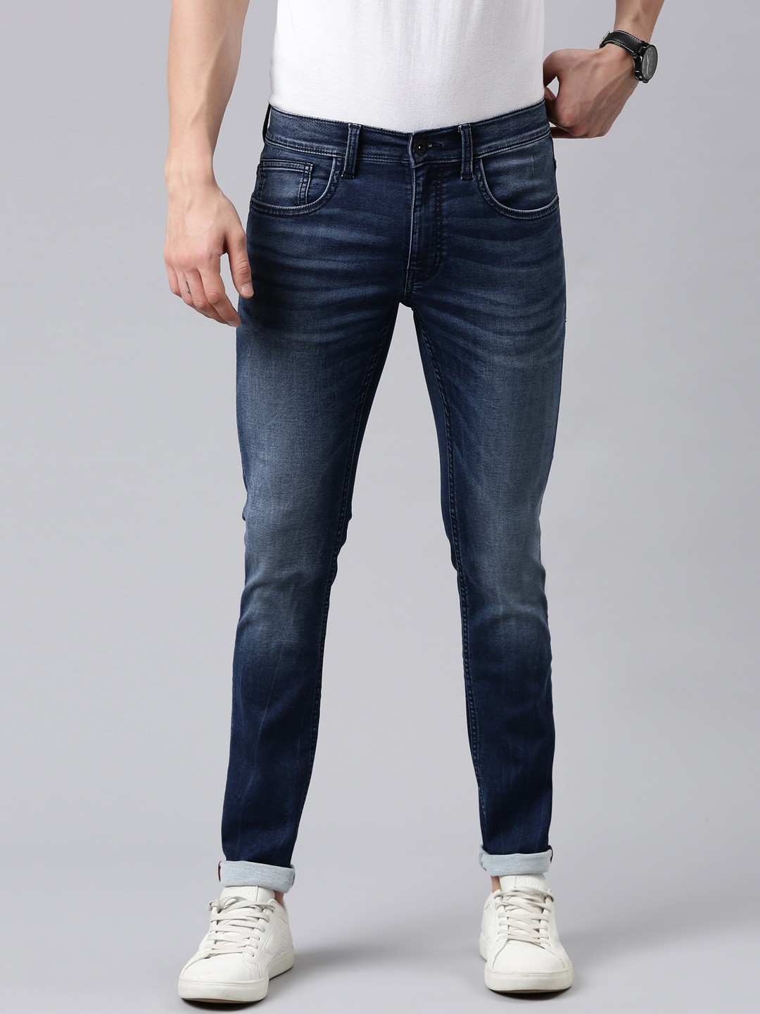 

American Bull Men Navy Blue Skinny Fit Low-Rise Heavy Fade Jeans