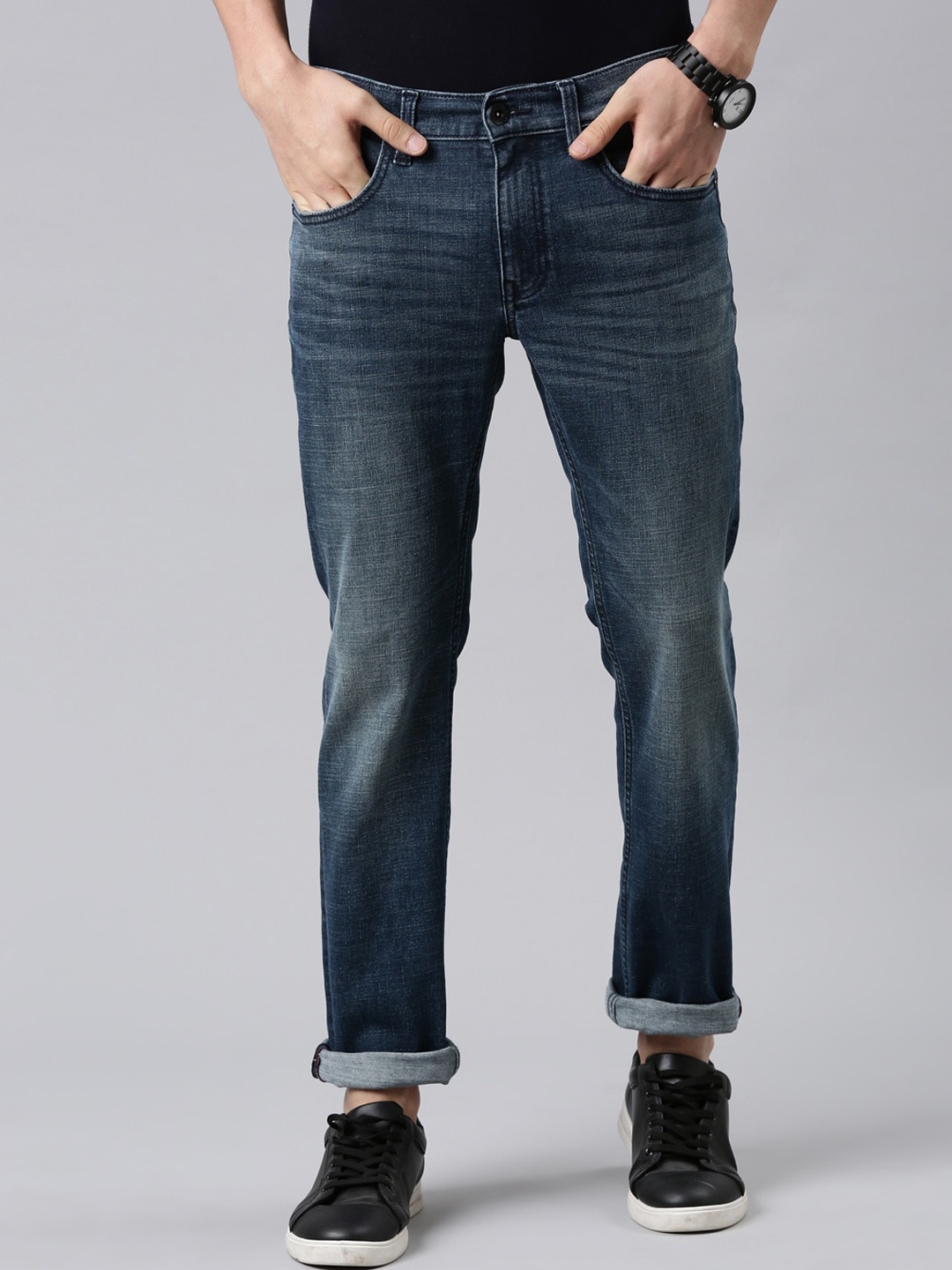 

American Bull Men Navy Blue Regular Fit Mid Rise Light Fade Jeans