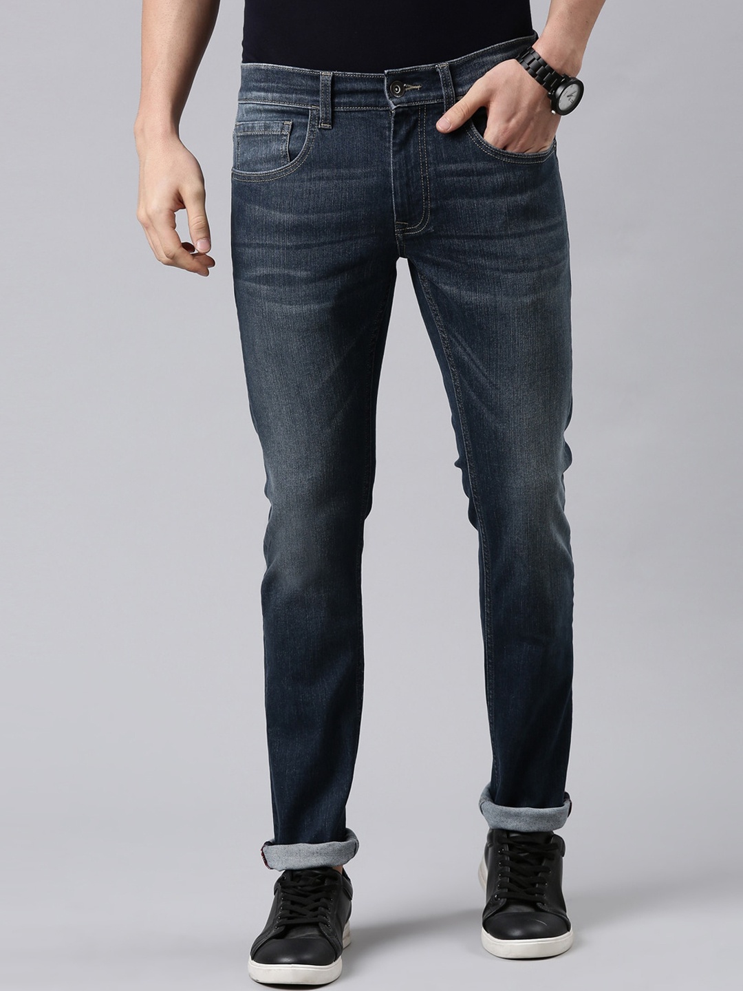 

American Bull Men Navy Blue Skinny Fit Mid Rise Light Fade Jeans