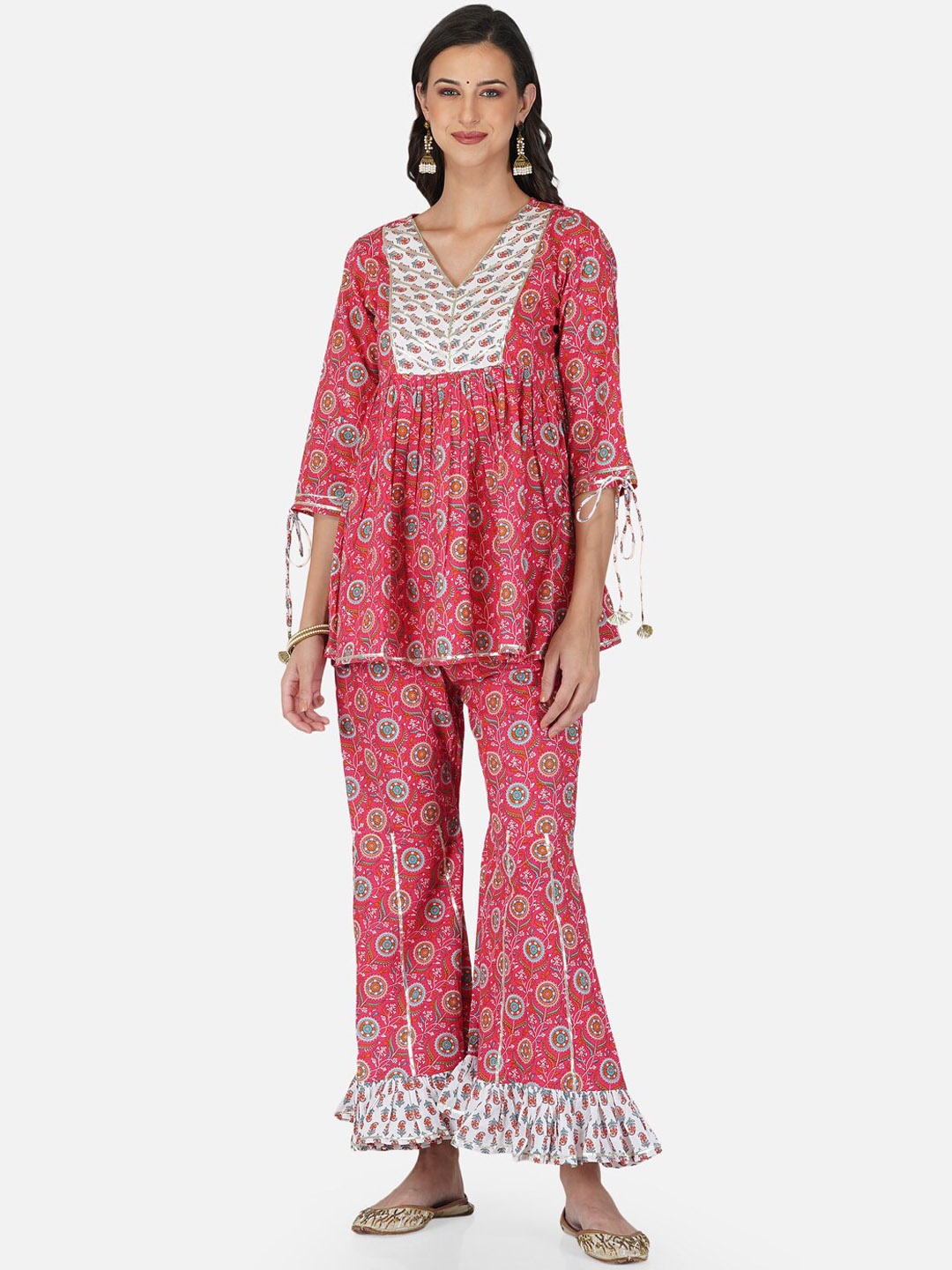 

Metro Fashion Women Floral Printed Pure Cotton Kurti with Palazzos, Red