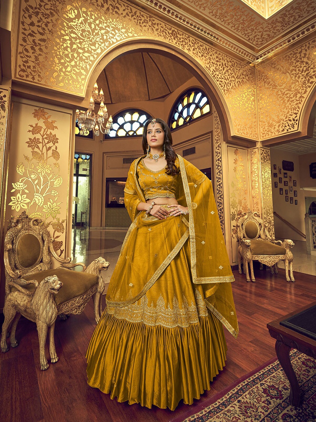 

ODETTE Mustard & Gold-Toned Embellished Thread Work Semi-Stitched Lehenga & Unstitched Blouse With Dupatta