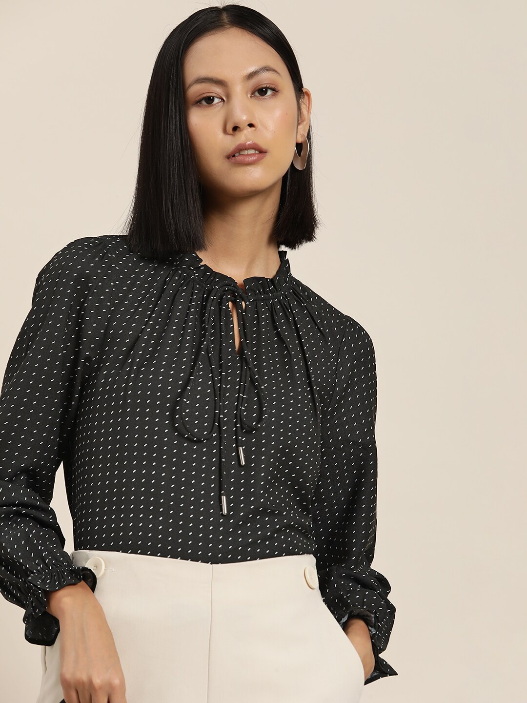 

her by invictus Geometric Print Tie-Up Neck Top, Black
