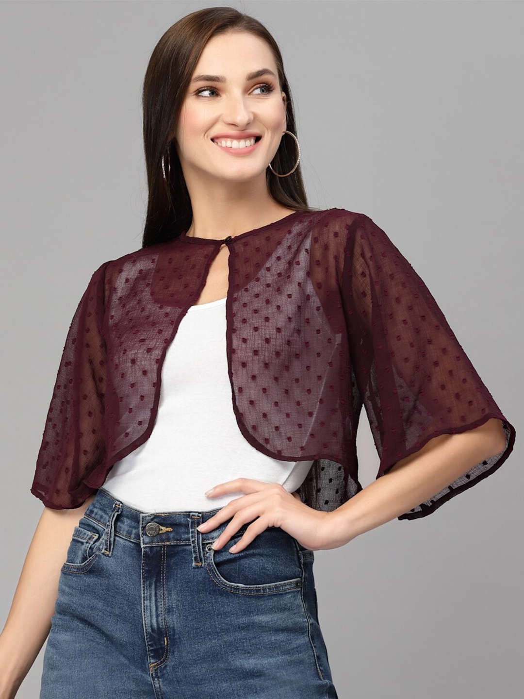 

Style Quotient Women Self Design Short Sleeves Open Front Sheer Shrug, Maroon