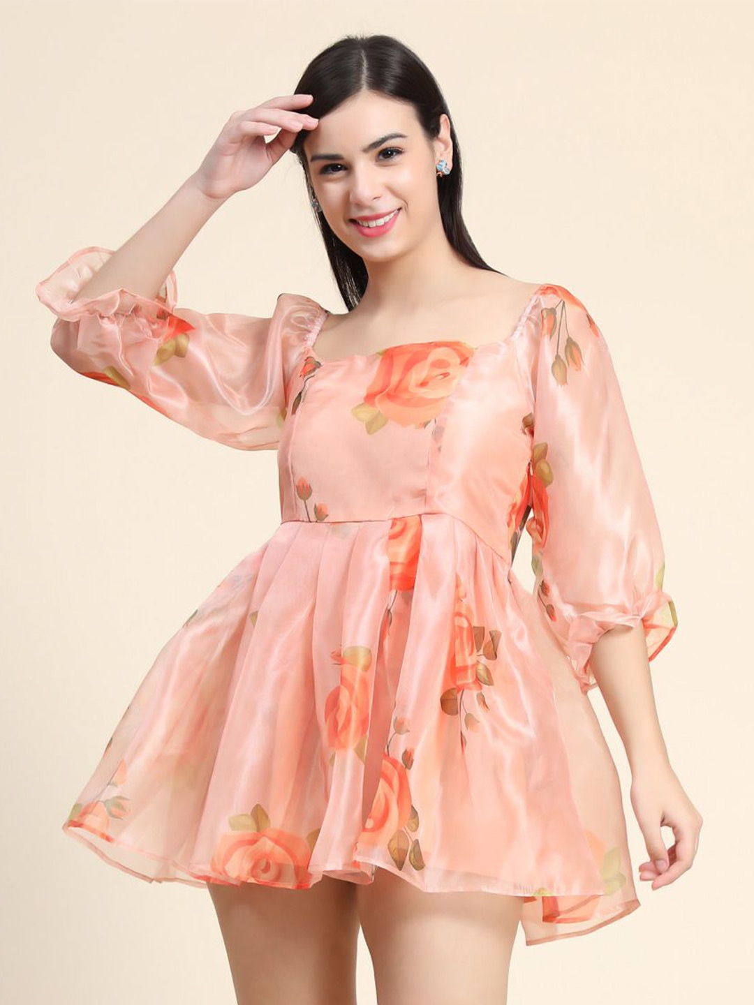 

Phenav Orange Floral Satin Mini Dress