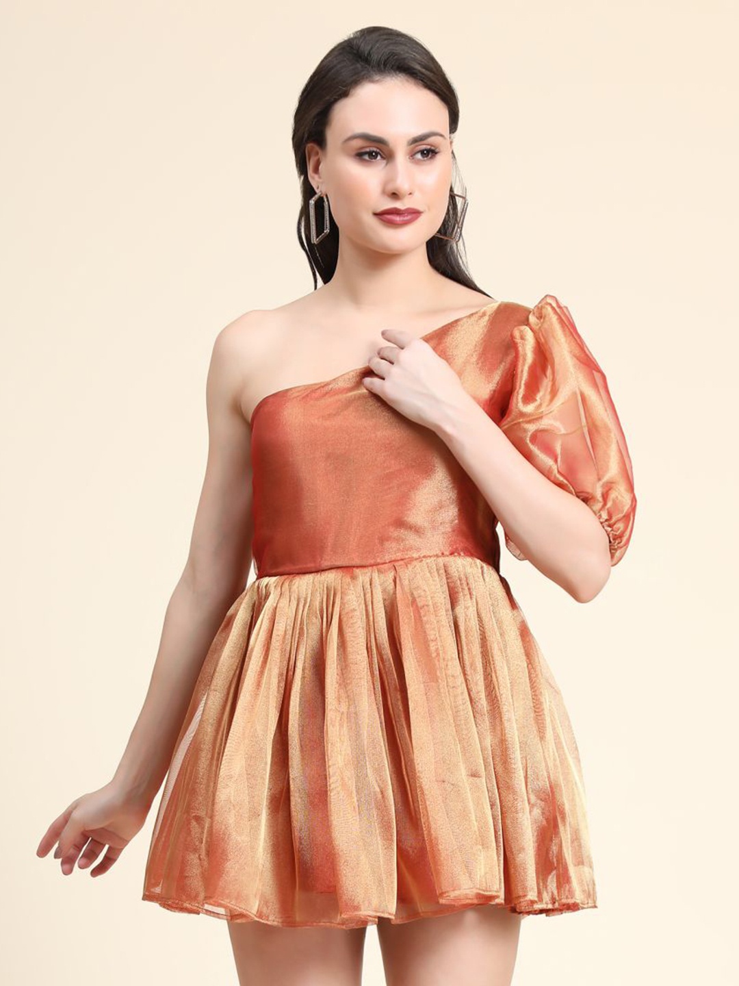

Phenav Orange One Shoulder Satin Silk Mini Dress