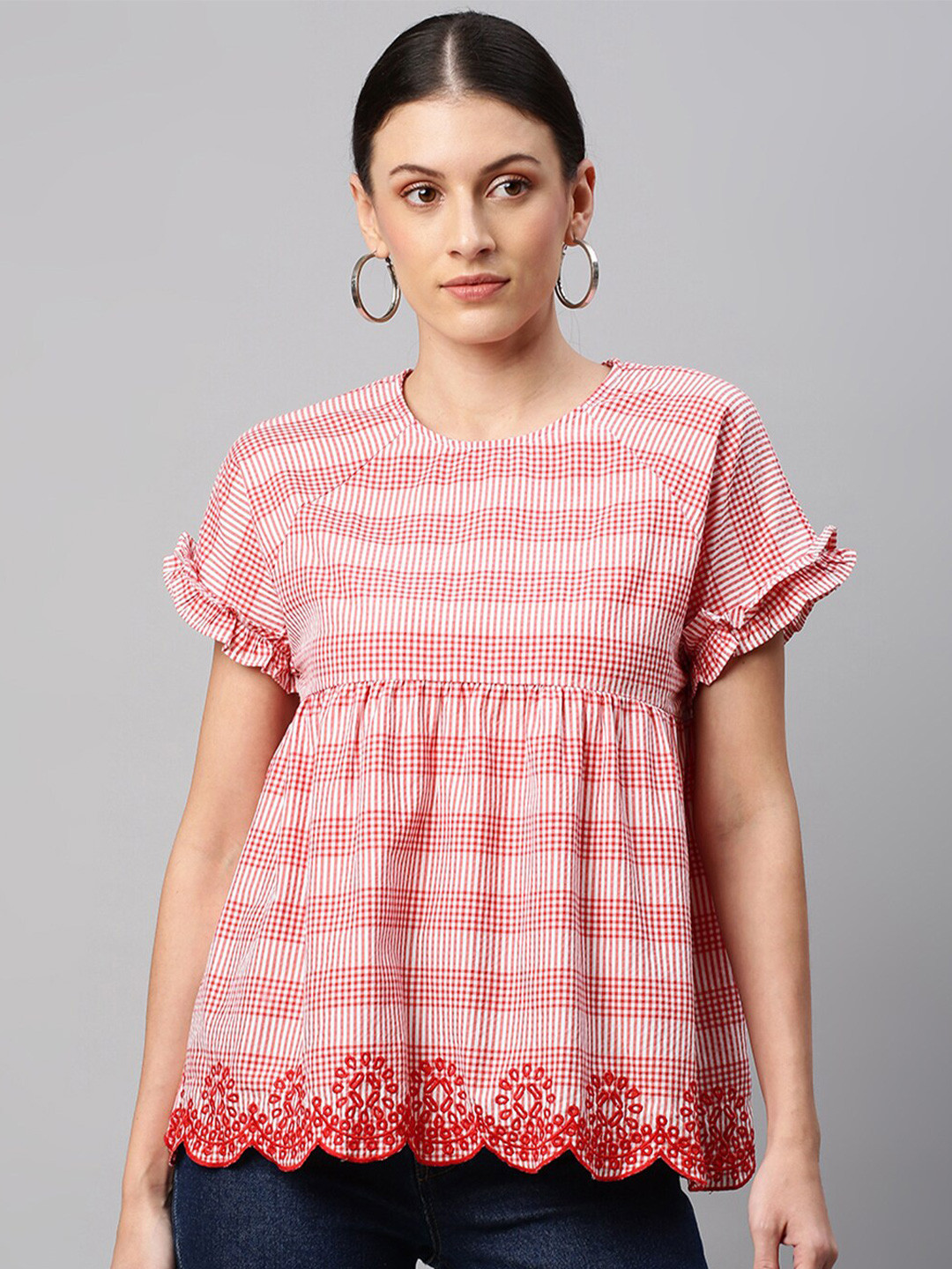

Chemistry women Red & White Checked Ruffles Empire Top