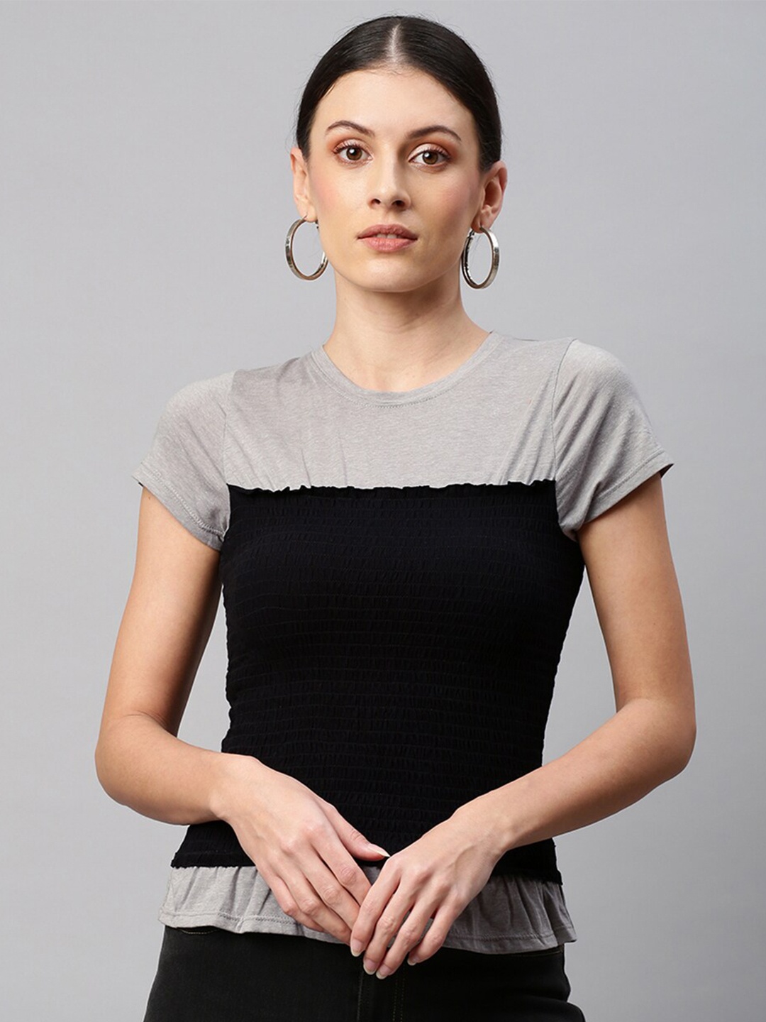

Chemistry women Black & Grey Colourblocked Smocked Top