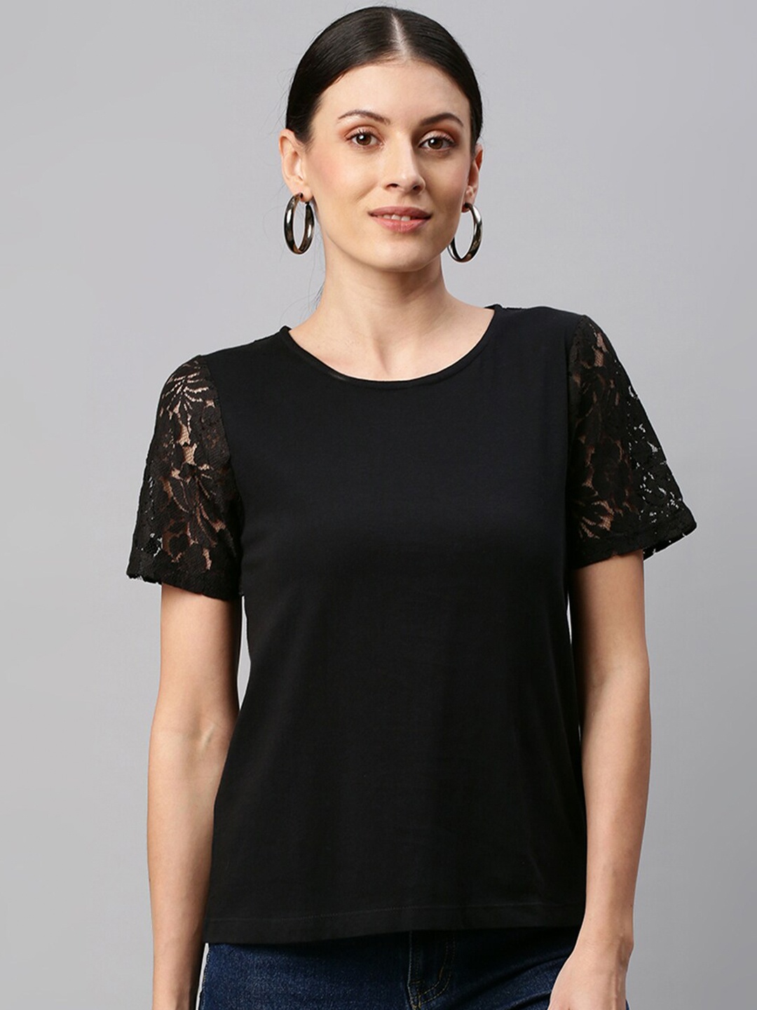 

Chemistry Women Black Solid Lace Top