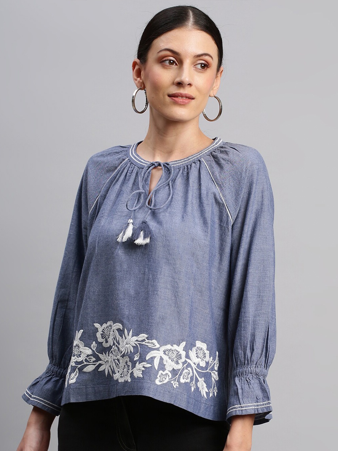 

Chemistry Women Blue Pure Cotton Tie-Up Neck Chambray Top