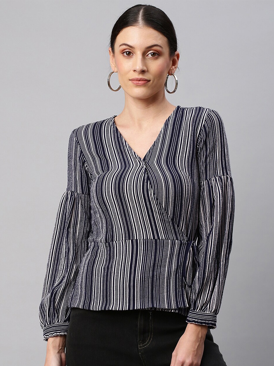 

Chemistry Navy Blue Striped Bishop Sleeves Crepe Wrap Top