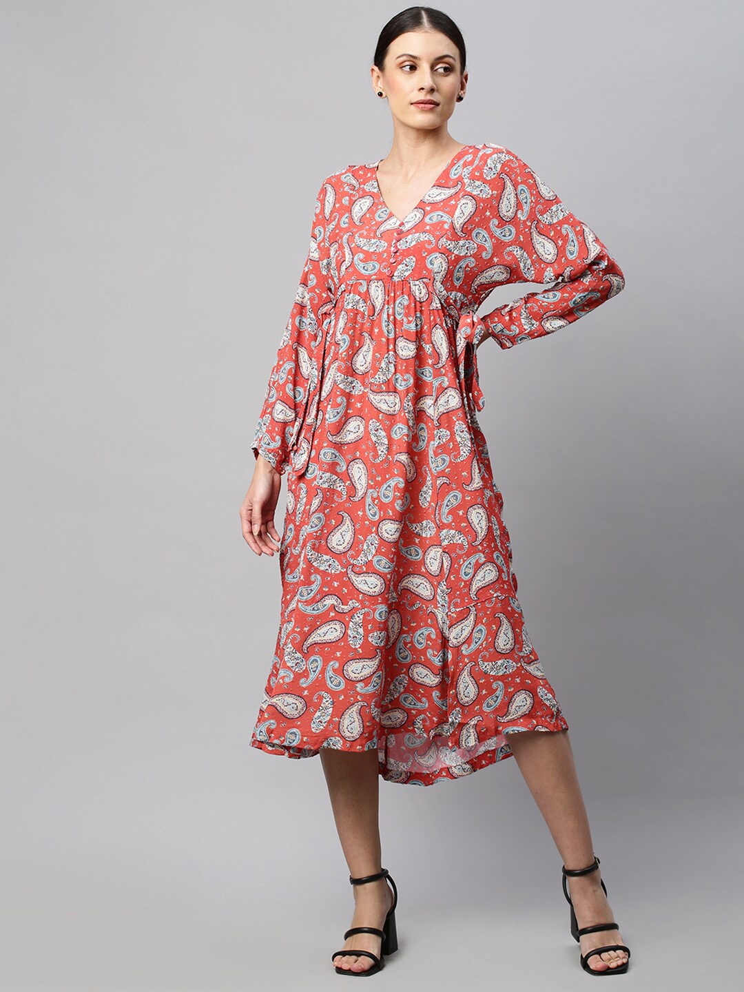 

Chemistry Rust & Grey Ethnic Motifs Jacquard A-Line Midi Dress