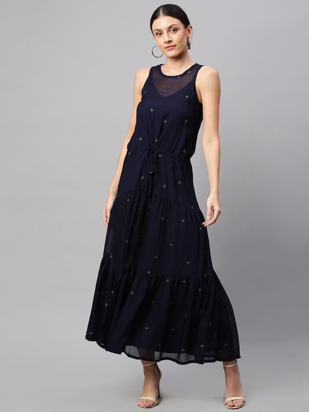 

Chemistry Navy Blue Floral Embroidered A-Line Maxi Dress