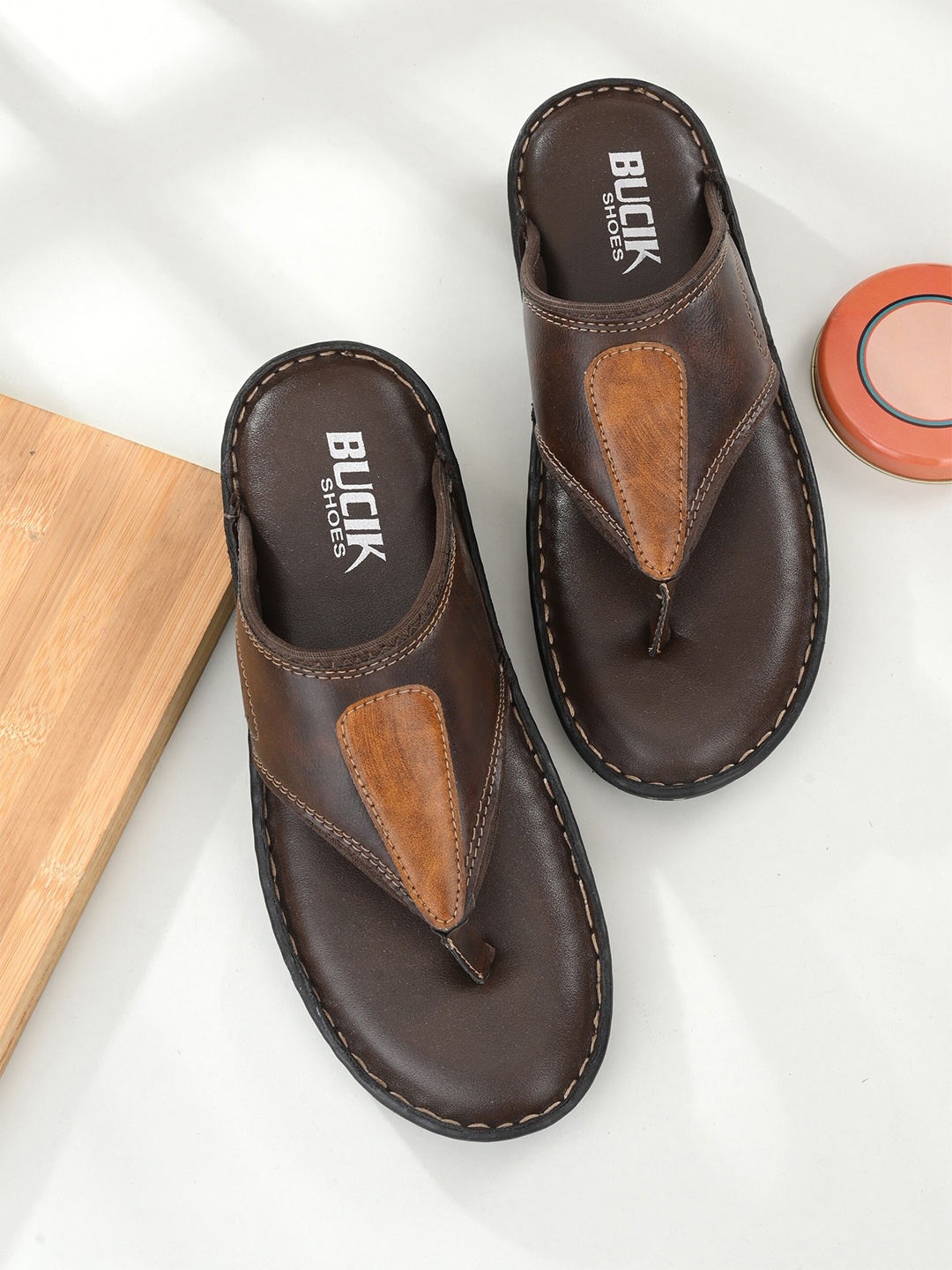 

BUCIK Men Brown & Black Leather Comfort Sandals