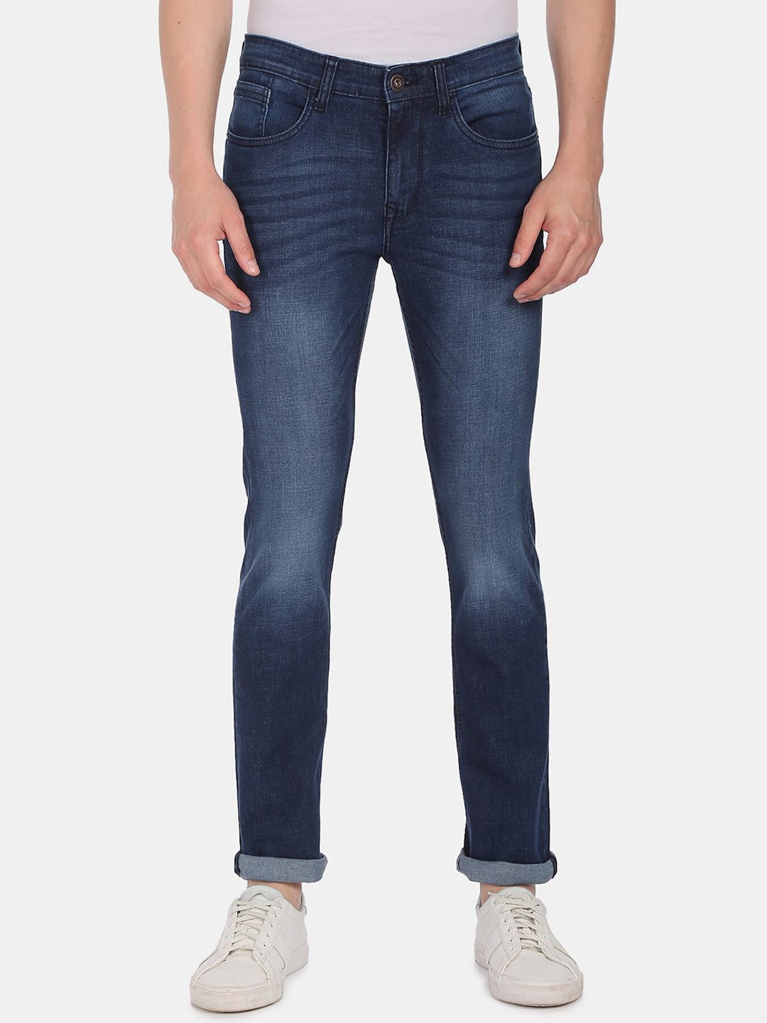 AD By Arvind Men Blue Skinny Fit Low Distress Light Fade Jeans
