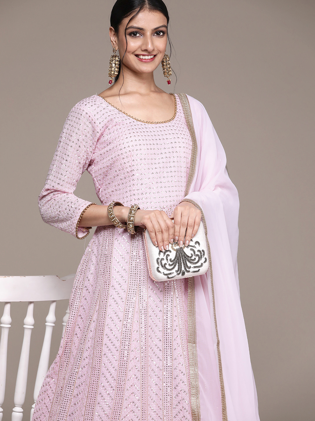 

SAARYA Pink Georgette Embroidered Ethnic Gown With Dupatta