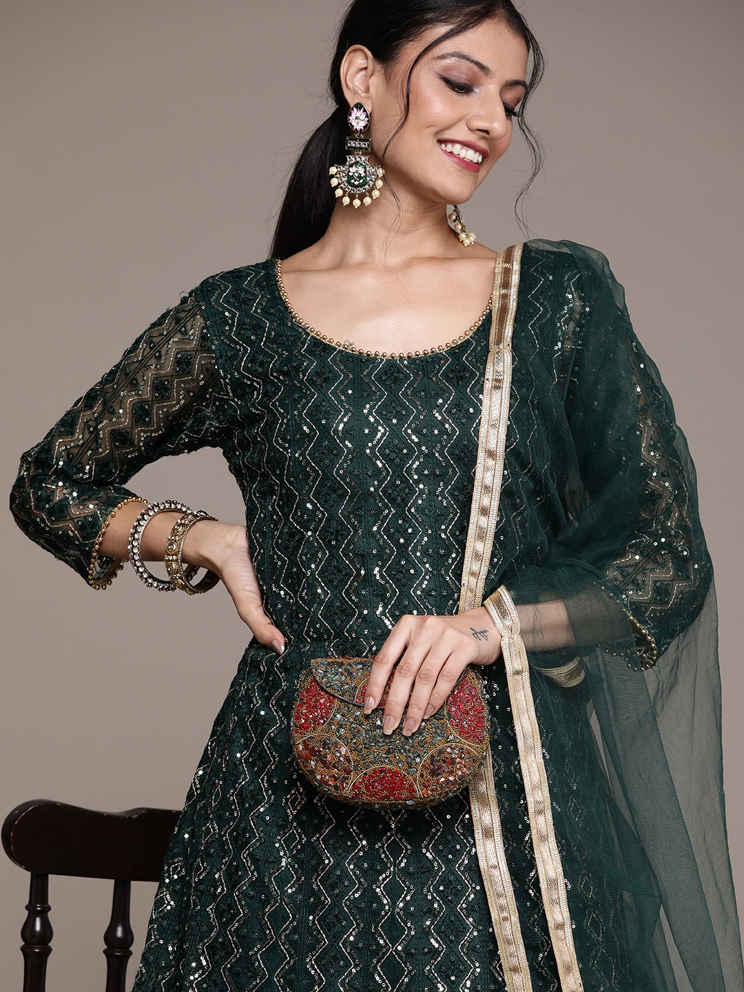 

SAARYA Green Chevron Printed Sequinned Gown with Dupatta