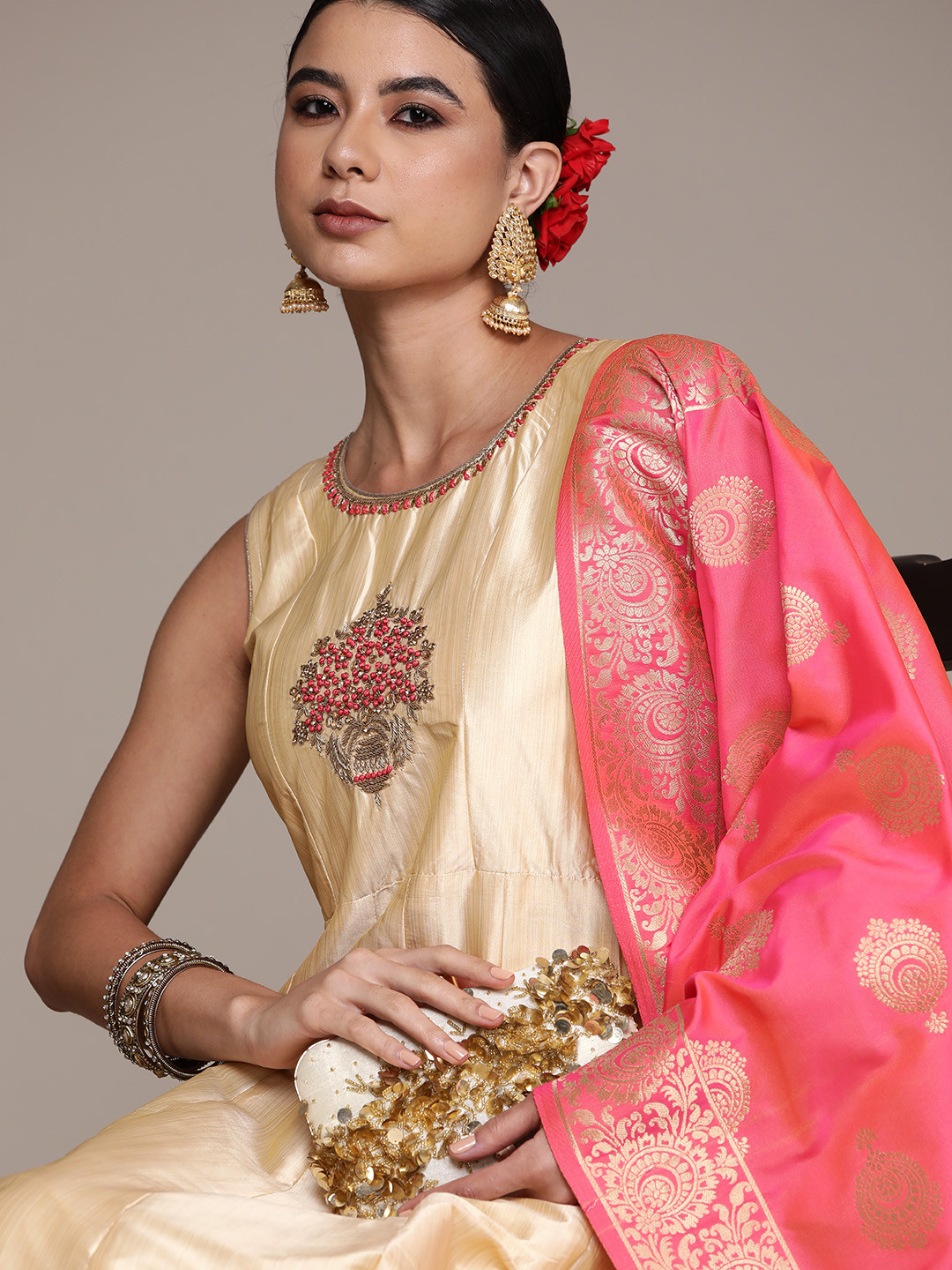 

SAARYA Cream-Coloured & Pink Floral Silk Embroidered Ethnic Gown & Legging With Dupatta