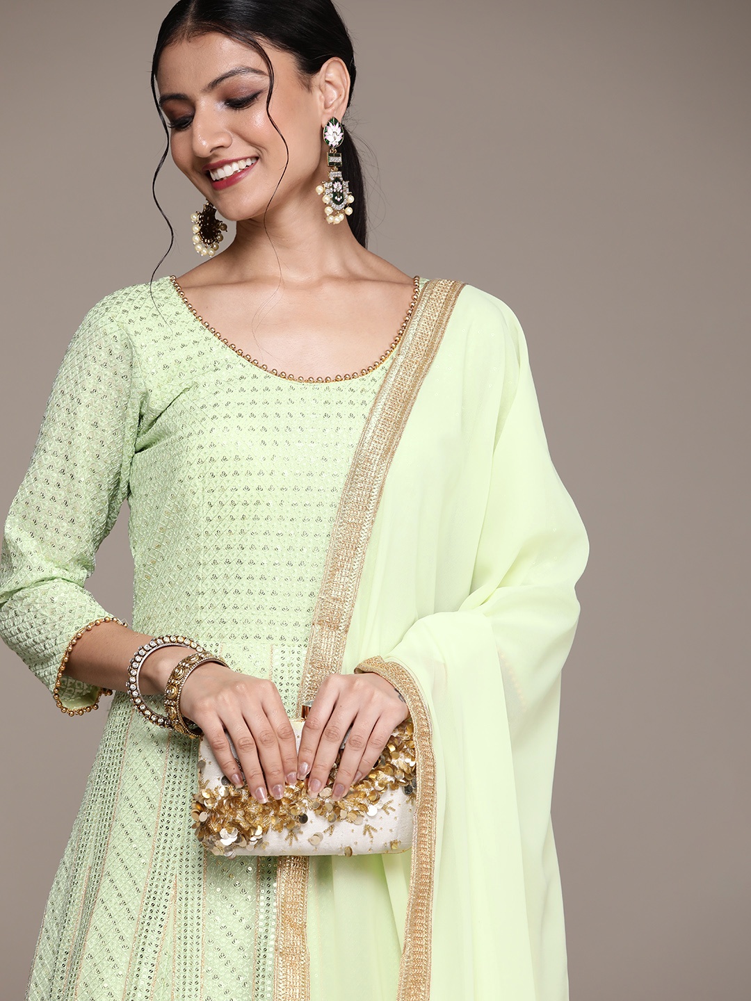 

SAARYA Sage Green Sequinned Ethnic Gown With Dupatta