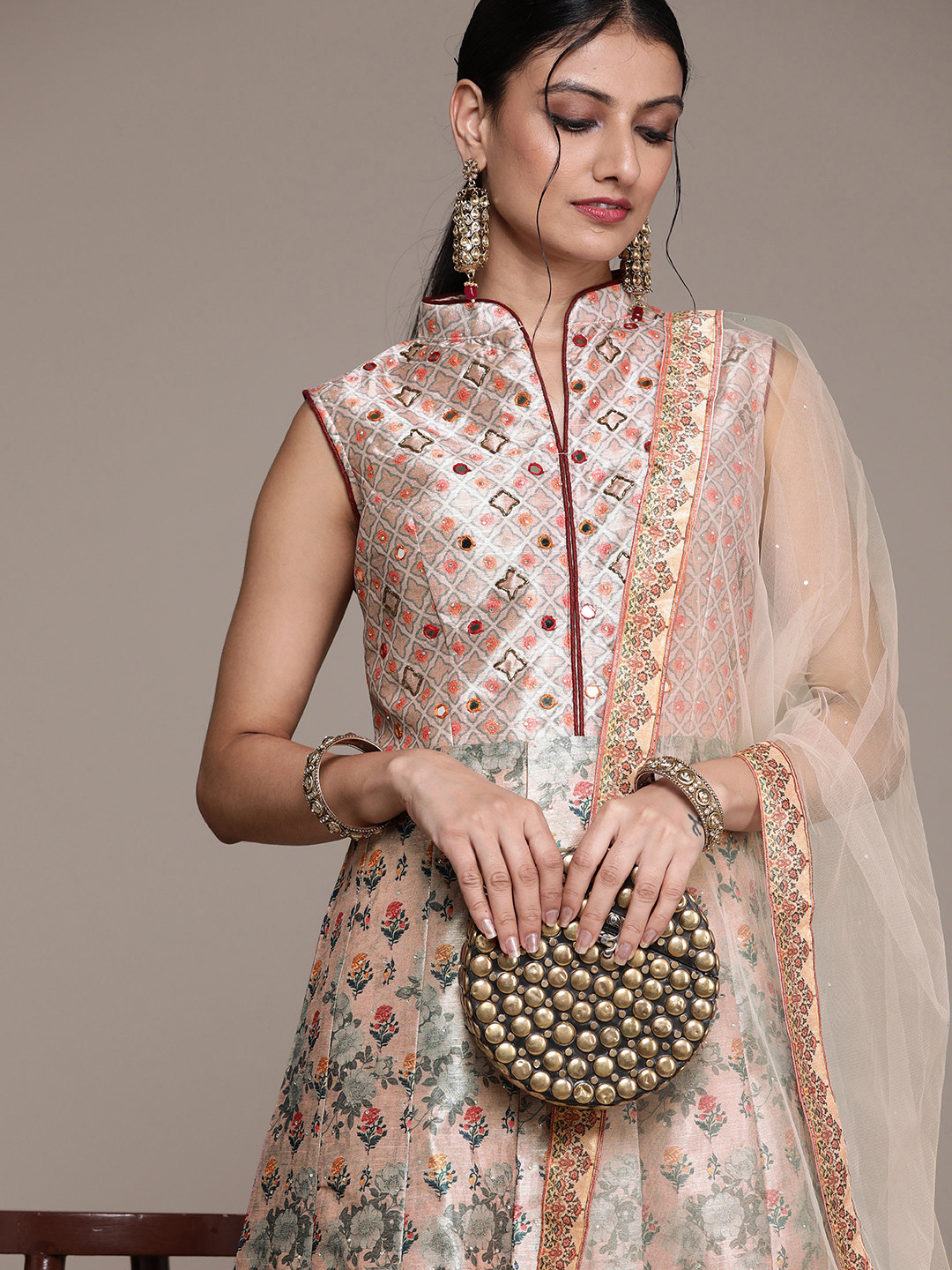 

SAARYA Off White & Orange Geometric Design Maxi Ethnic Padded Dress With Dupatta