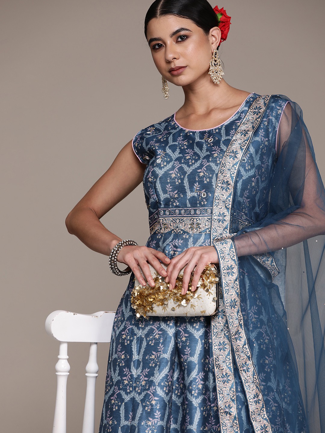 

SAARYA Blue & Grey Floral Printed Ethnic Maxi Dress Comes with a Dupatta