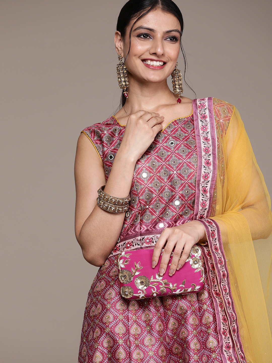 

SAARYA Pink & Grey Ethnic Print Maxi Padded Dress With Dupatta