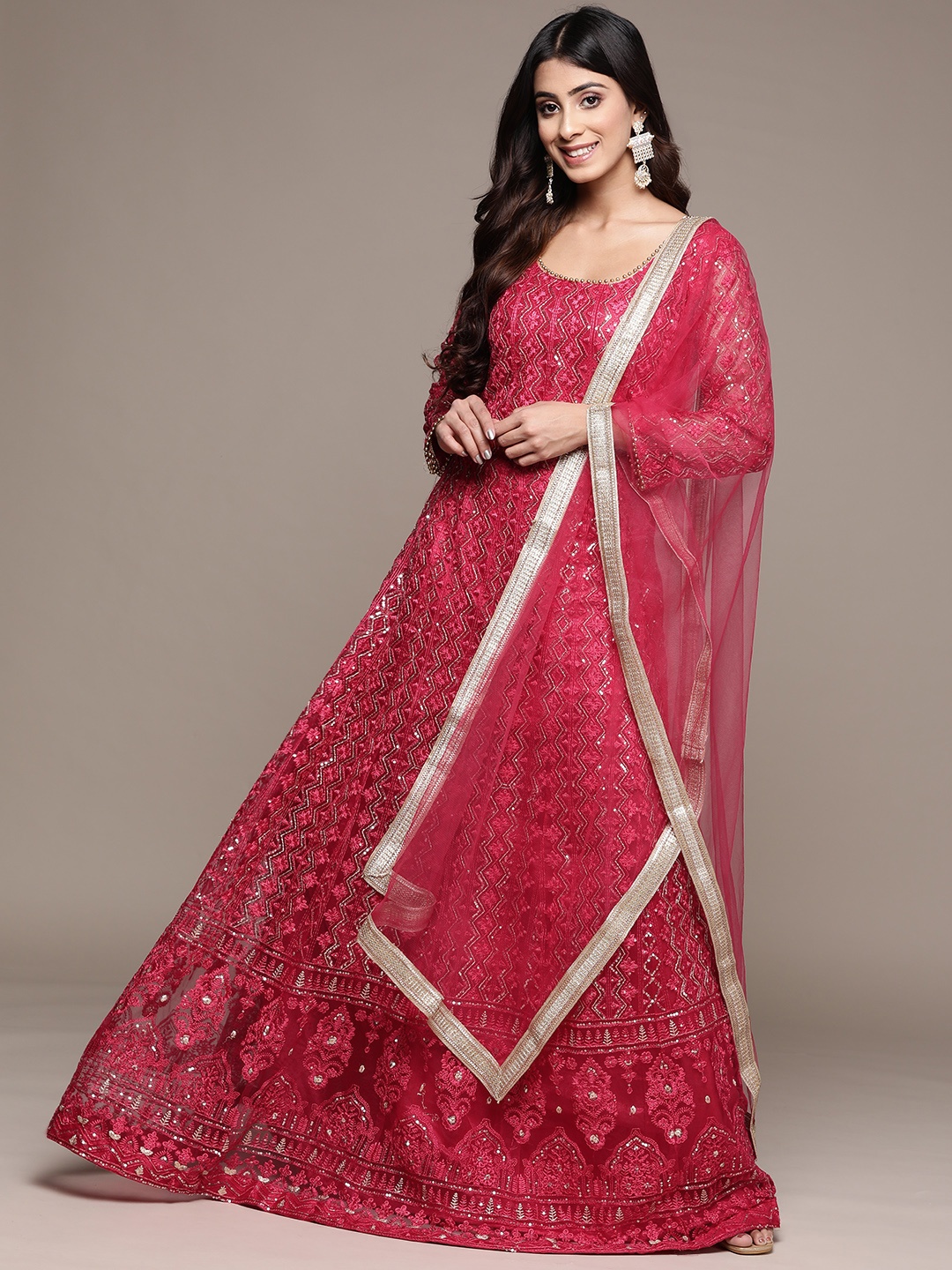 

SAARYA Magenta Floral Embroidered Net Maxi Ethnic Dress with Dupatta
