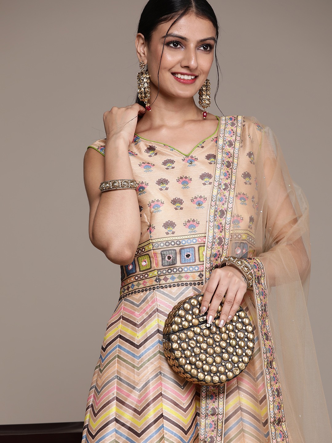 

SAARYA Beige & Blue Chevron Printed Silk Ethnic Gown With Dupatta