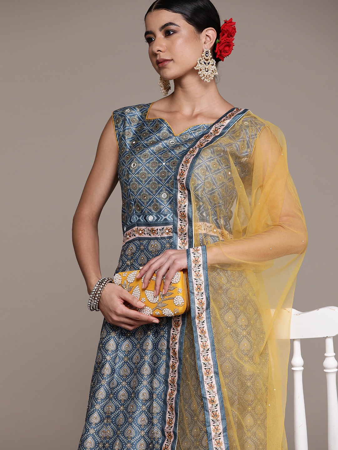 

SAARYA Navy Blue & Yellow Ethnic Print Silk Ethnic Gown With Dupatta