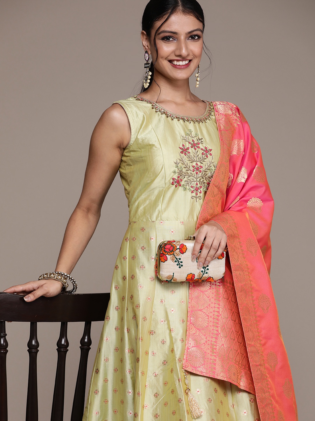 

SAARYA Green & Pink Floral Silk Embroidered Ethnic Gown With Dupatta