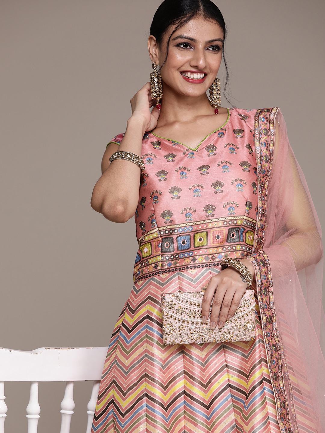 

SAARYA Pink & Yellow Floral Printed Ethnic Maxi Dress Comes with a Dupatta