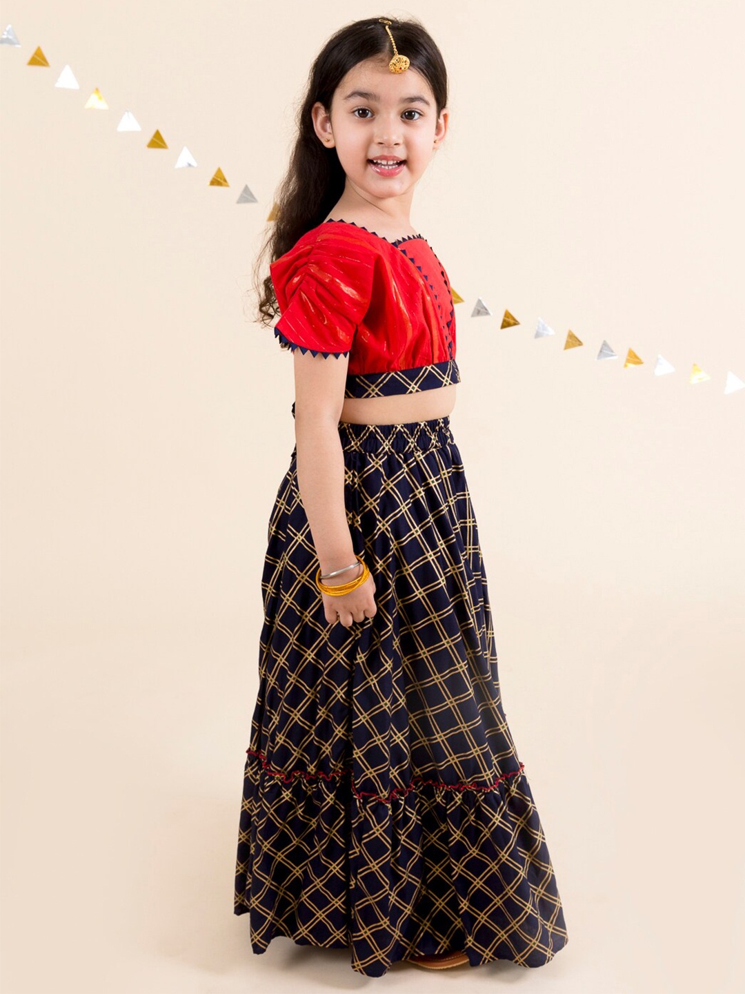 

pspeaches Girls Navy Blue & Red Ready to Wear Lehenga & Blouse