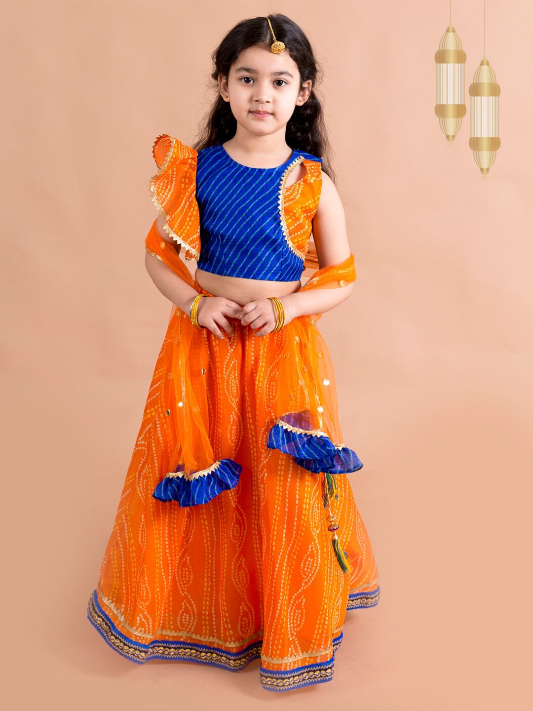 

pspeaches Girls Orange & Blue Printed Ready to Wear Lehenga Choli