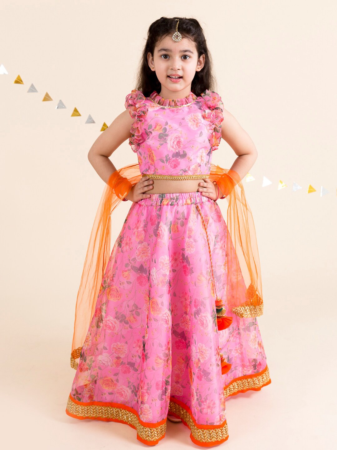 

pspeaches Girls Pink & Orange Printed Ready to Wear Lehenga & Blouse With Dupatta