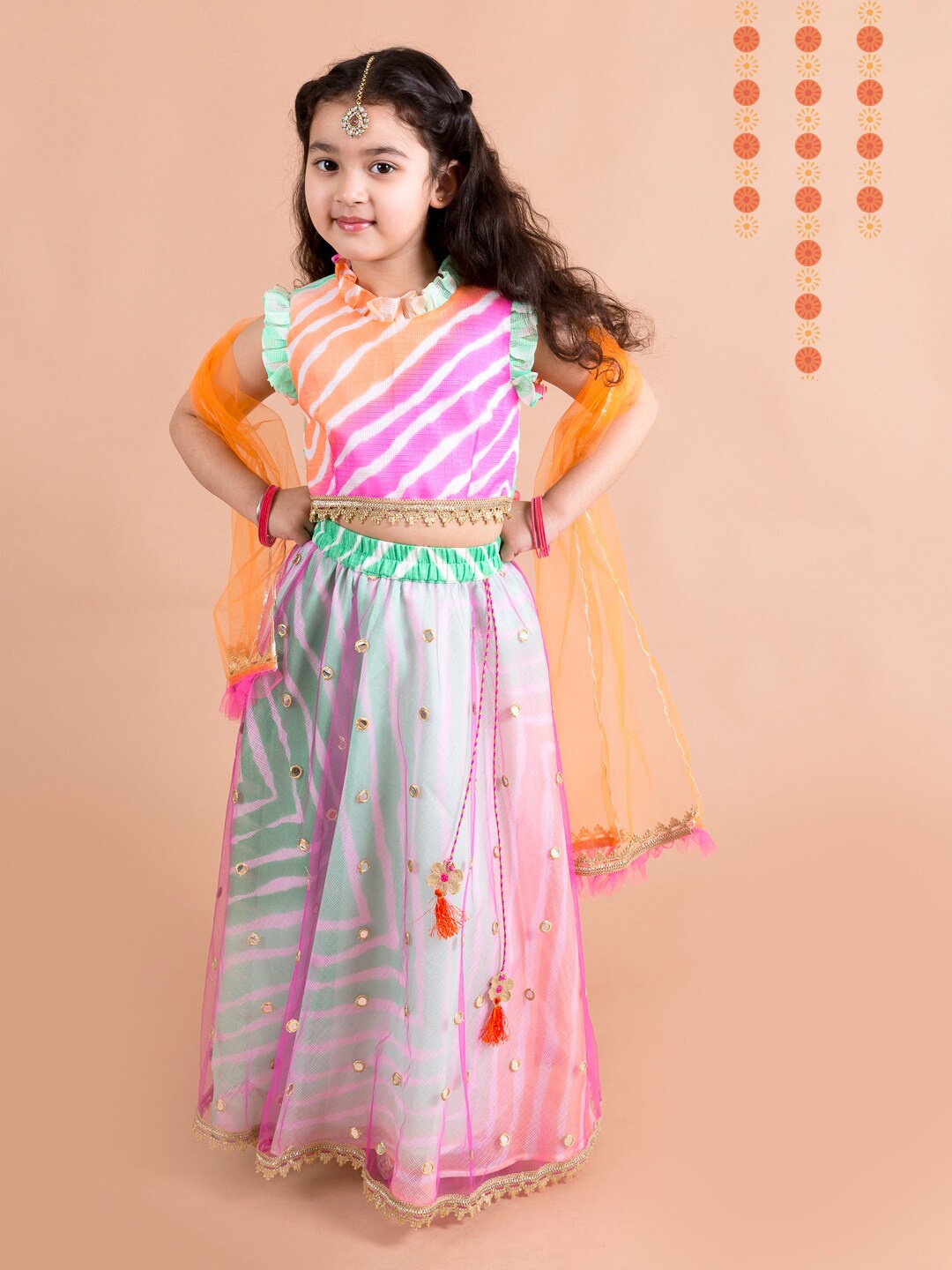 

pspeaches Girls Pink & Orange Printed Ready to Wear Lehenga & Blouse With Dupatta