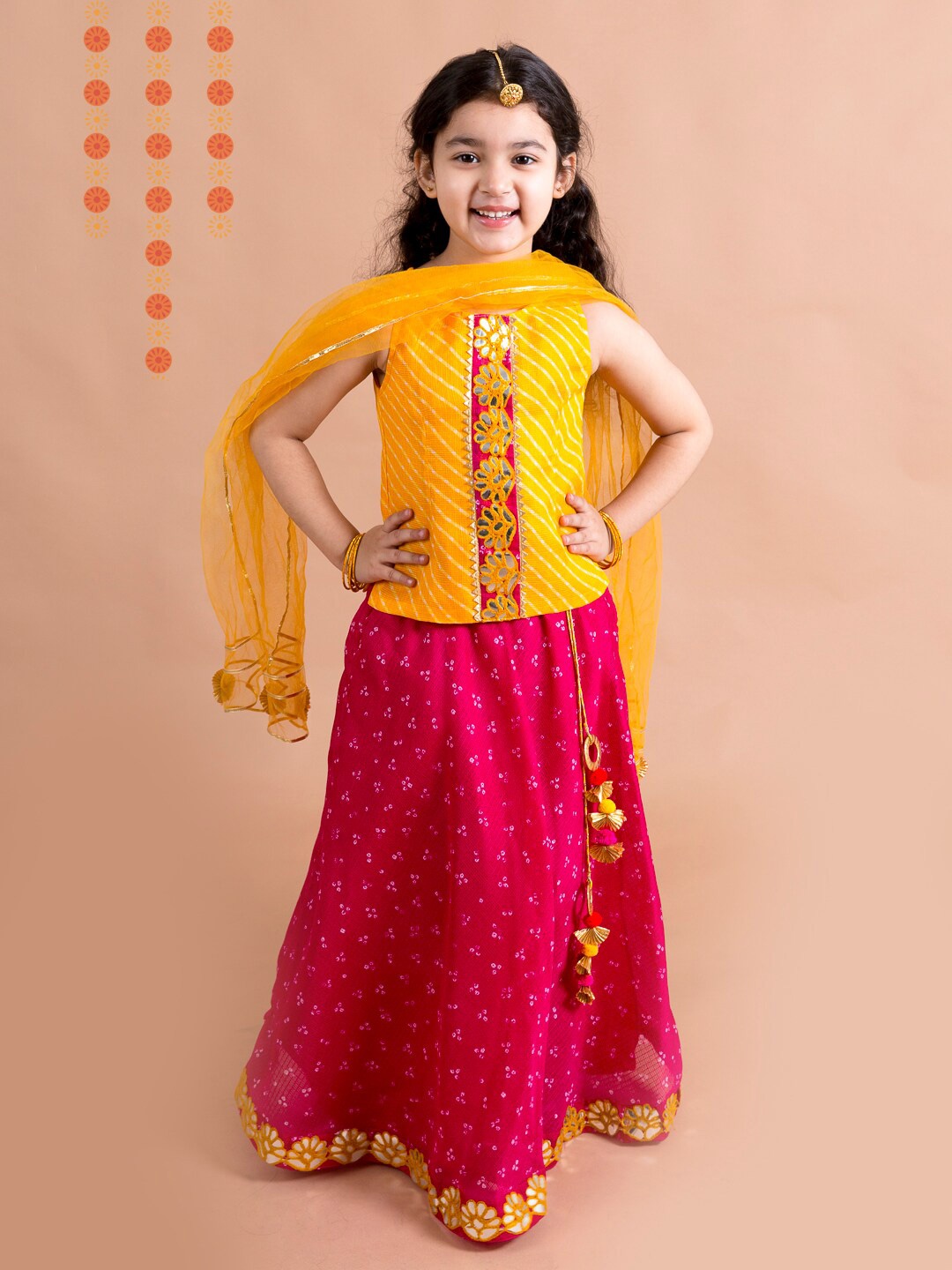 

pspeaches Girls Magenta & Yellow Embroidered Ready to Wear Lehenga & Blouse With Dupatta